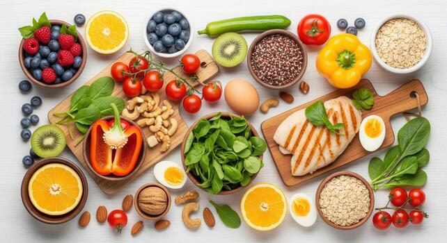 Fresh vegetables and whole foods arranged in balanced composition representing nutritional harmony